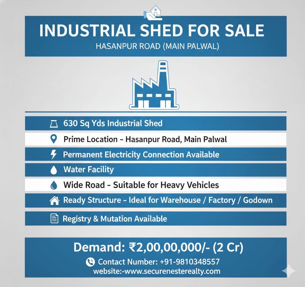630 Sq Yds Industrial Shed in Palwal | Industrial Plots & Factory Land Near NH-19 & KMP Expressway
